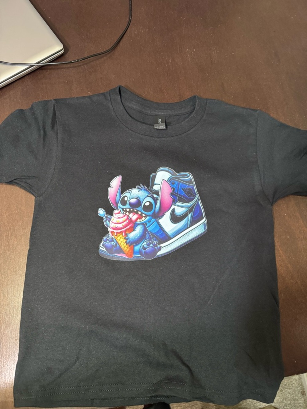 Kids Black Graphic Tee with Blue Stitch & Sneaker Art